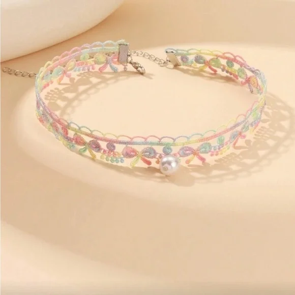 Delicate Pastel Lace Choker Necklace with Pearl Accent - Picture 1 of 2